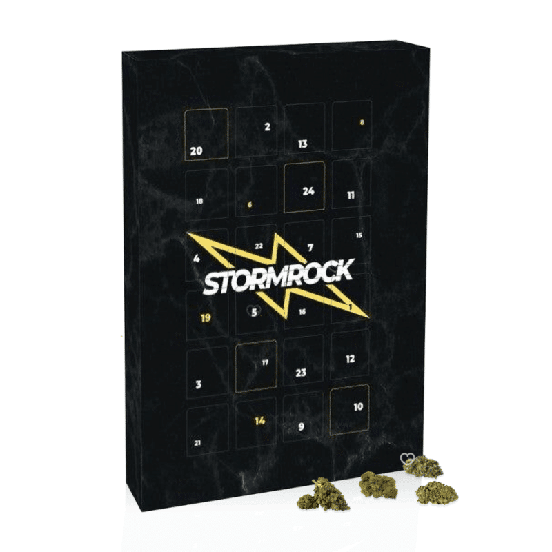 Calendrier de l’Avent Stormrock 2025 avec 24 surprises CBD premium, fleurs, résines et accessoires bien‑être pour adultes amateurs de rock.