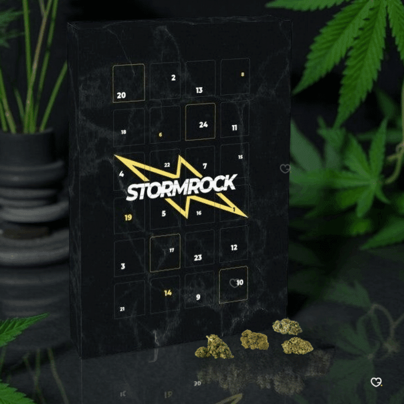 Calendrier de l’Avent Stormrock 2025 avec 24 surprises CBD premium, fleurs, résines et accessoires bien‑être pour adultes amateurs de rock.