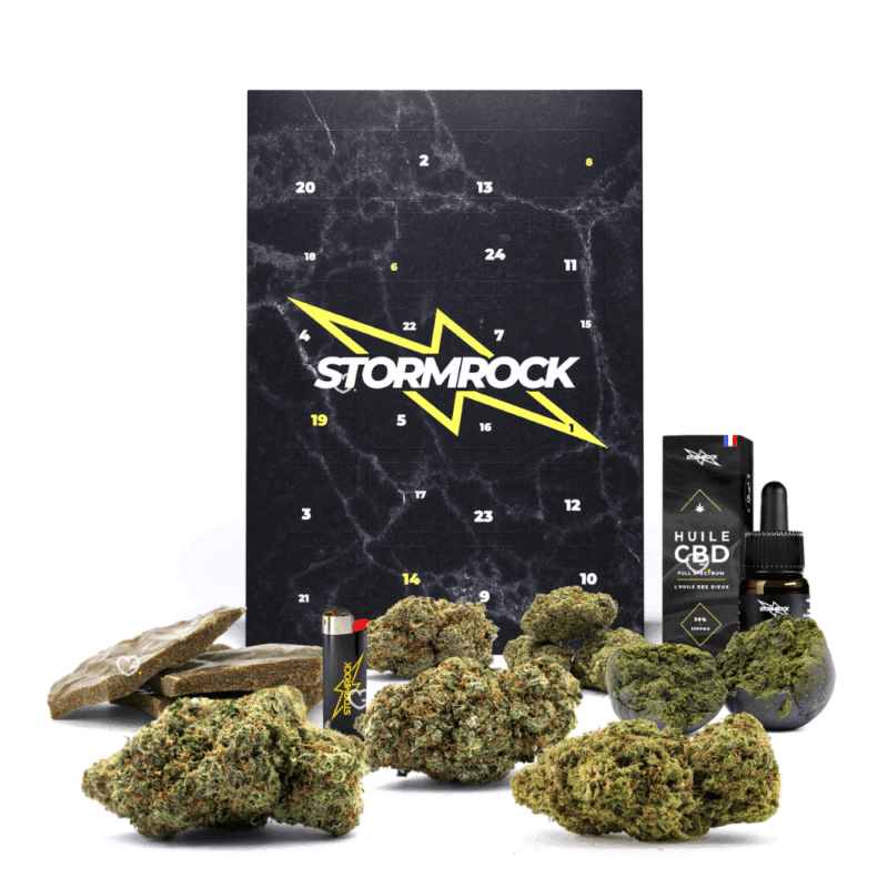 Calendrier de l’Avent Stormrock 2025 avec 24 surprises CBD premium, fleurs, résines et accessoires bien‑être pour adultes amateurs de rock.
