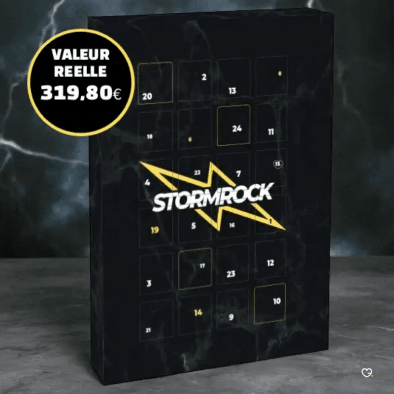 Calendrier de l’Avent Stormrock 2025 avec 24 surprises CBD premium, fleurs, résines et accessoires bien‑être pour adultes amateurs de rock.