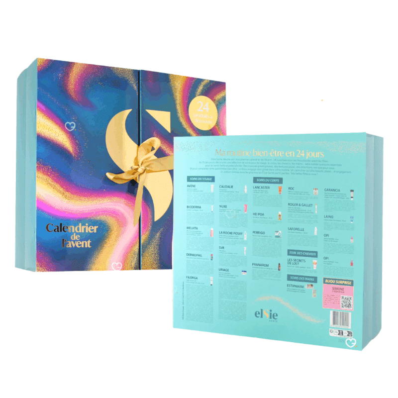 Calendrier de l’Avent Elsie Santé 2025 beauté renfermant 24 soins et accessoires, coffret festif idéal pour femme adepte du bien-être.