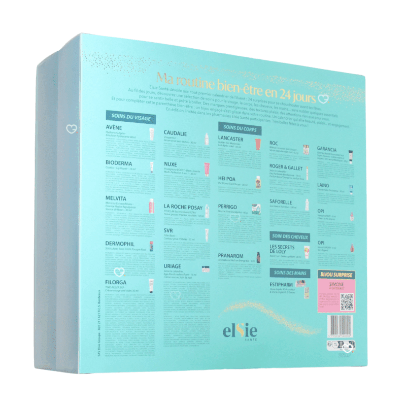 Calendrier de l’Avent Elsie Santé 2025 beauté renfermant 24 soins et accessoires, coffret festif idéal pour femme adepte du bien-être.