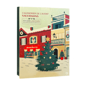 Calendrier de l’Avent Maison Lascours 2025 contenant 24 jours de dégustation, 36 mini saucissons artisanaux aux 6 saveurs pour amateurs de charcuterie.