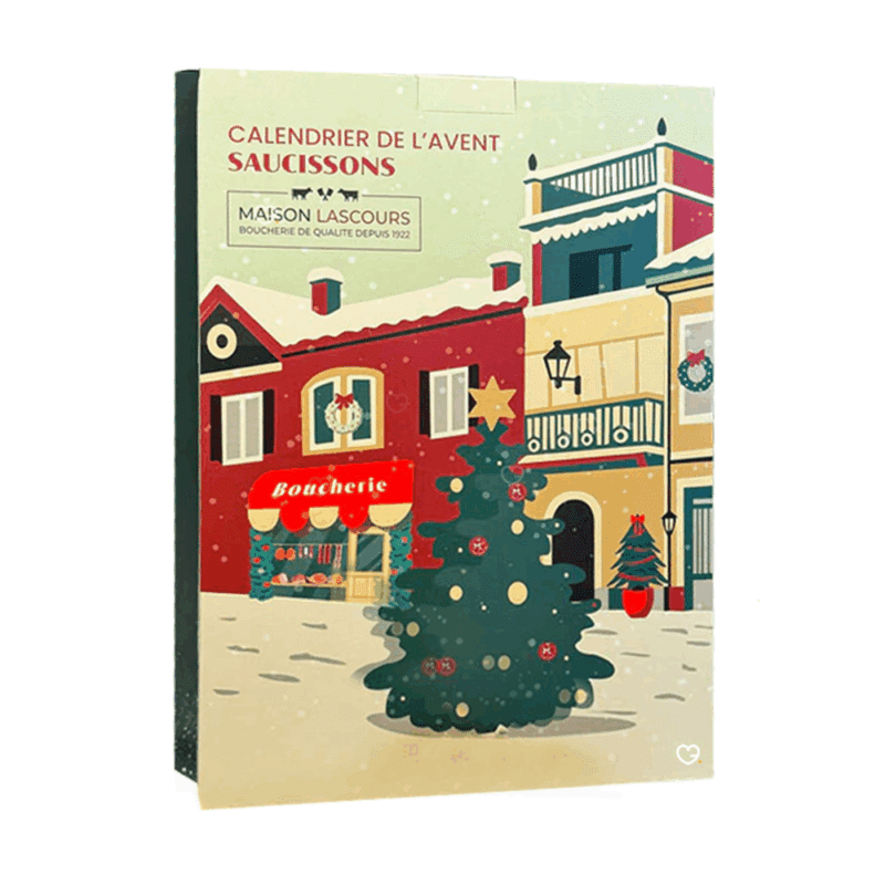 Calendrier de l’Avent Maison Lascours 2025 contenant 24 jours de dégustation, 36 mini saucissons artisanaux aux 6 saveurs pour amateurs de charcuterie.