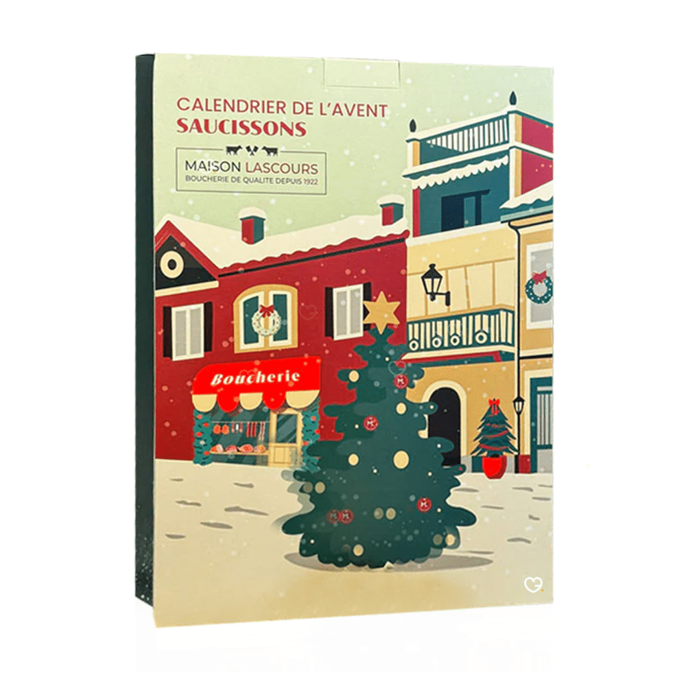 Calendrier de l’Avent Maison Lascours 2025 contenant 24 jours de dégustation, 36 mini saucissons artisanaux aux 6 saveurs pour amateurs de charcuterie.