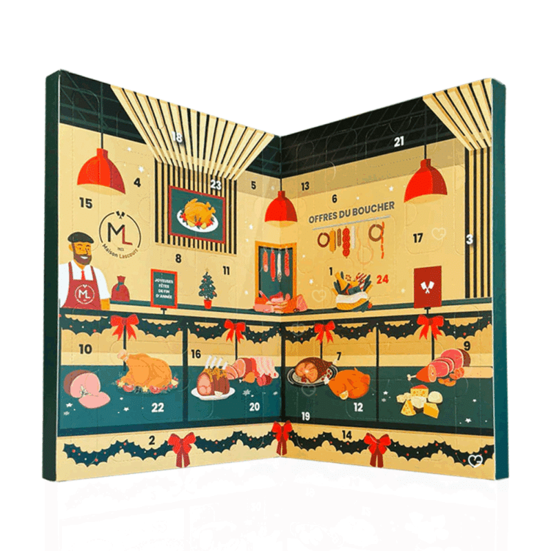 Calendrier de l’Avent Maison Lascours 2025 contenant 24 jours de dégustation, 36 mini saucissons artisanaux aux 6 saveurs pour amateurs de charcuterie.