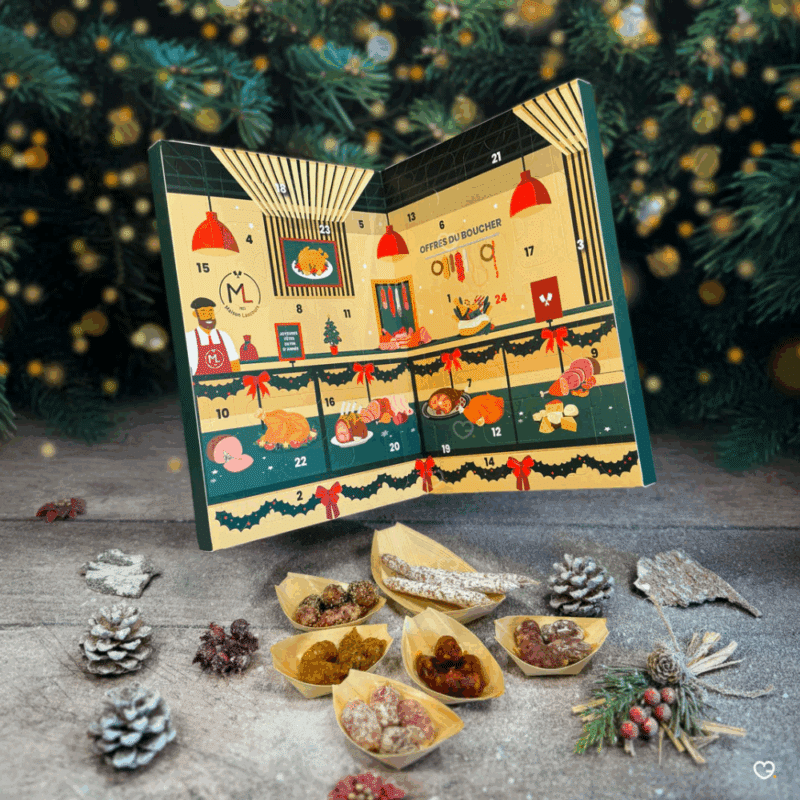 Calendrier de l’Avent Maison Lascours 2025 contenant 24 jours de dégustation, 36 mini saucissons artisanaux aux 6 saveurs pour amateurs de charcuterie.