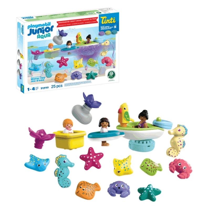 Calendrier de l’Avent Playmobil Junior & Tinti 2025 contenant 24 jouets et accessoires Aqua colorés, bateau et figurines marines pour bébé et enfants de 1 à 4 ans