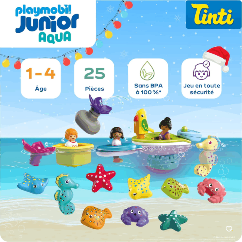 Calendrier de l’Avent Playmobil Junior & Tinti 2025 contenant 24 jouets et accessoires Aqua colorés, bateau et figurines marines pour bébé et enfants de 1 à 4 ans