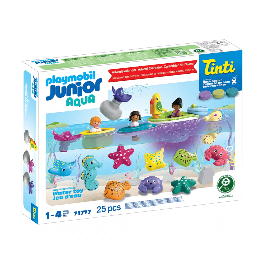 Calendrier de l’Avent Playmobil Junior & Tinti 2025 contenant 24 jouets et accessoires Aqua colorés, bateau et figurines marines pour bébé et enfants de 1 à 4 ans