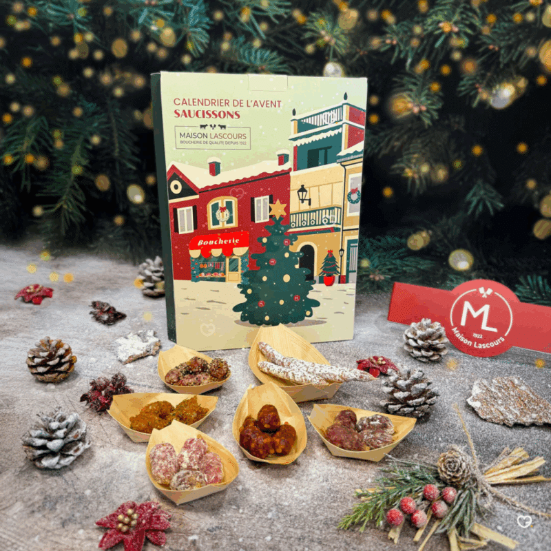 Calendrier de l’Avent Maison Lascours 2025 contenant 24 jours de dégustation, 36 mini saucissons artisanaux aux 6 saveurs pour amateurs de charcuterie.