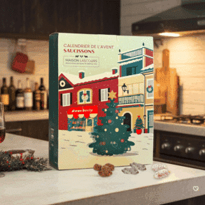 Calendrier de l’Avent Maison Lascours 2025 contenant 24 jours de dégustation, 36 mini saucissons artisanaux aux 6 saveurs pour amateurs de charcuterie.