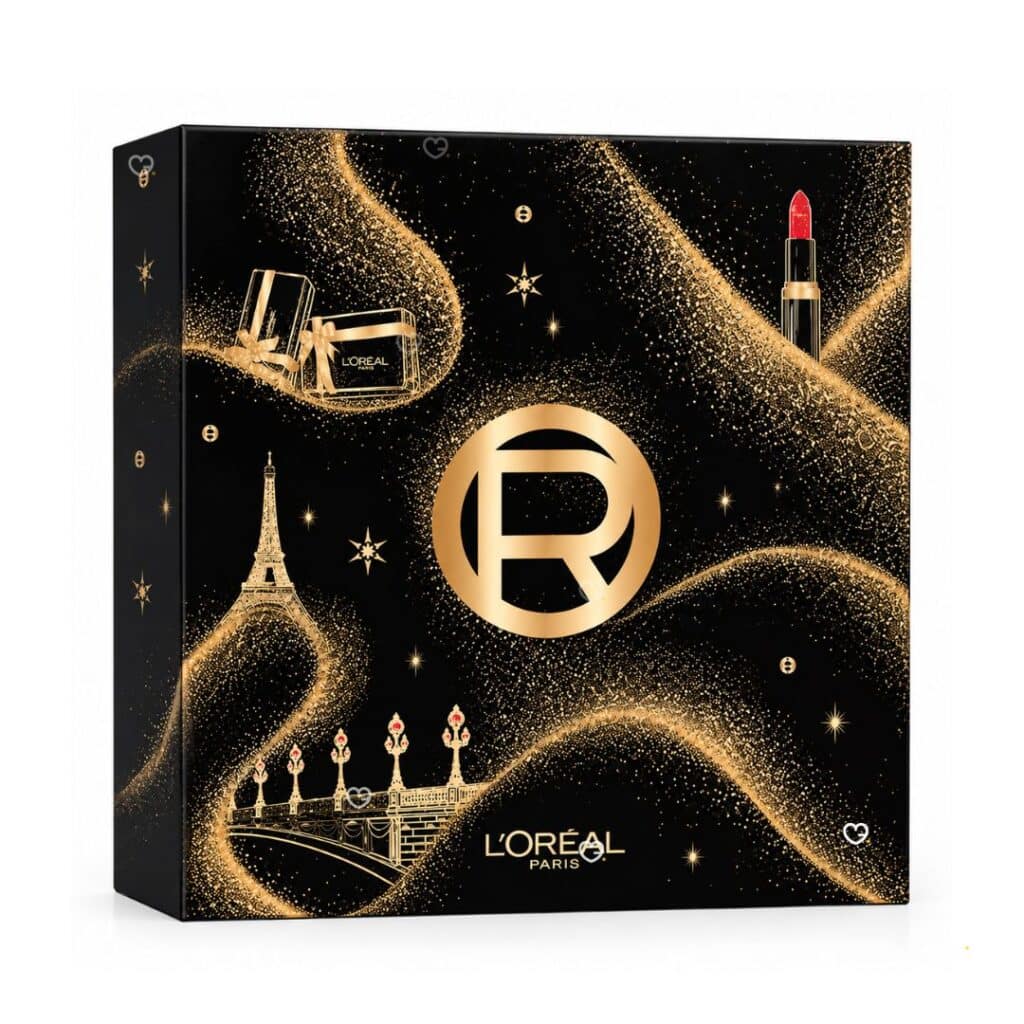Calendrier de l Avent L Oreal Paris 2026, coffret noir et or ferme, decor parisien Tour Eiffel