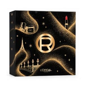Calendrier de l Avent L Oreal Paris 2026, coffret noir et or ferme, decor parisien Tour Eiffel