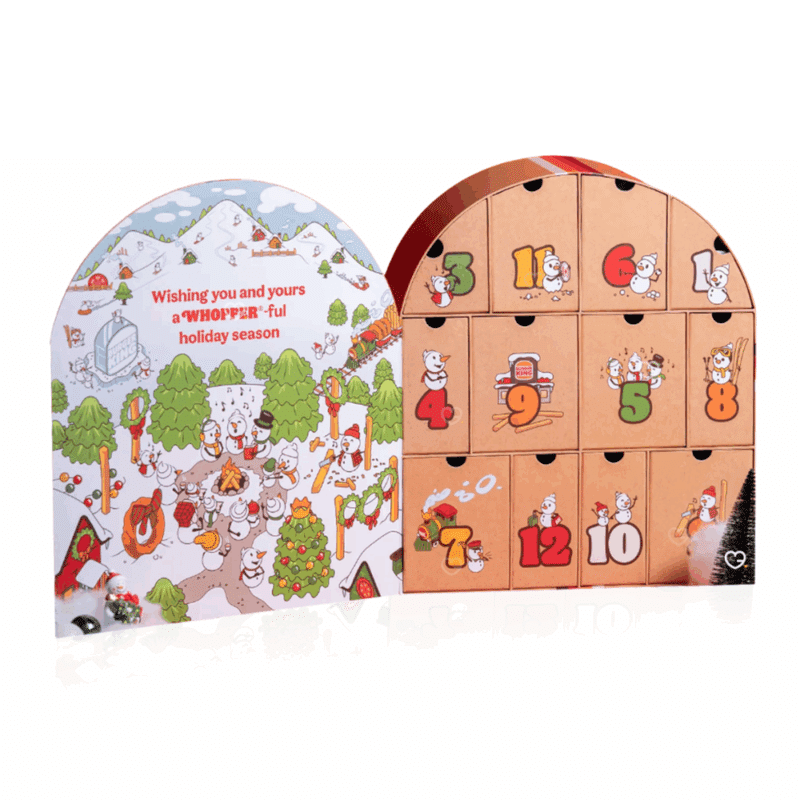 Calendrier de l’Avent Burger King 2025 au design vintage, contenant 12 surprises originales, exclusives et objets collector pour fans du fast-food BK