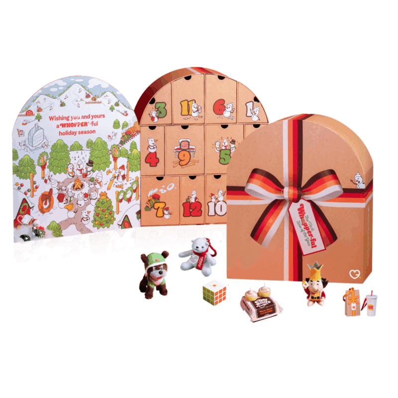 Calendrier de l’Avent Burger King 2025 au design vintage, contenant 12 surprises originales, exclusives et objets collector pour fans du fast-food BK
