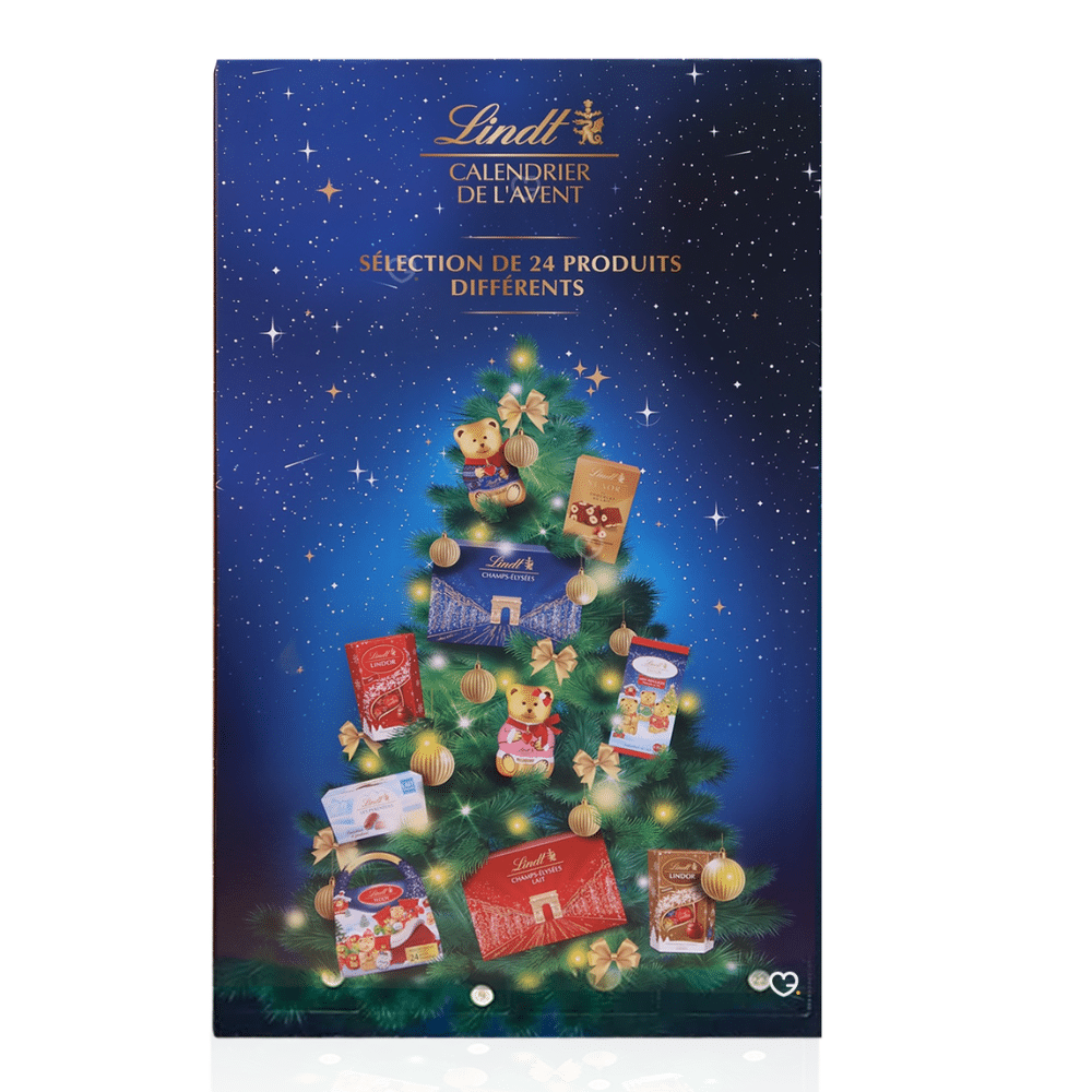 Coffret Lindt XXL Calendrier de l’Avent Lindt Géant 2025 avec 24 chocolats et confiseries en format taille réelle, coffret rouge généreux idéal pour famille, couple et amateur de chocolat.