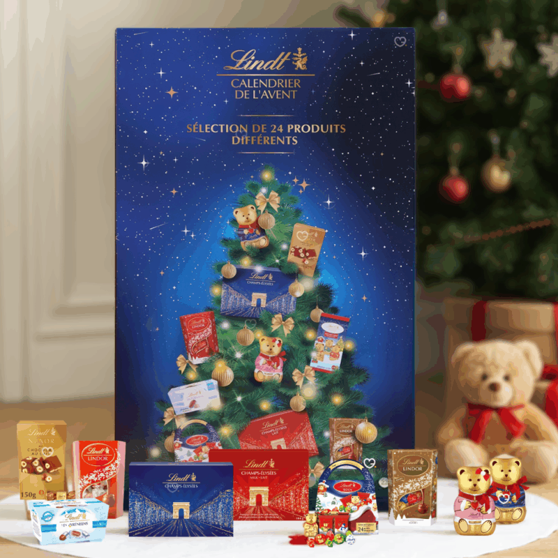 Coffret Lindt XXL Calendrier de l’Avent Lindt Géant 2025 avec 24 chocolats et confiseries en format taille réelle, coffret rouge généreux idéal pour famille, couple et amateur de chocolat.