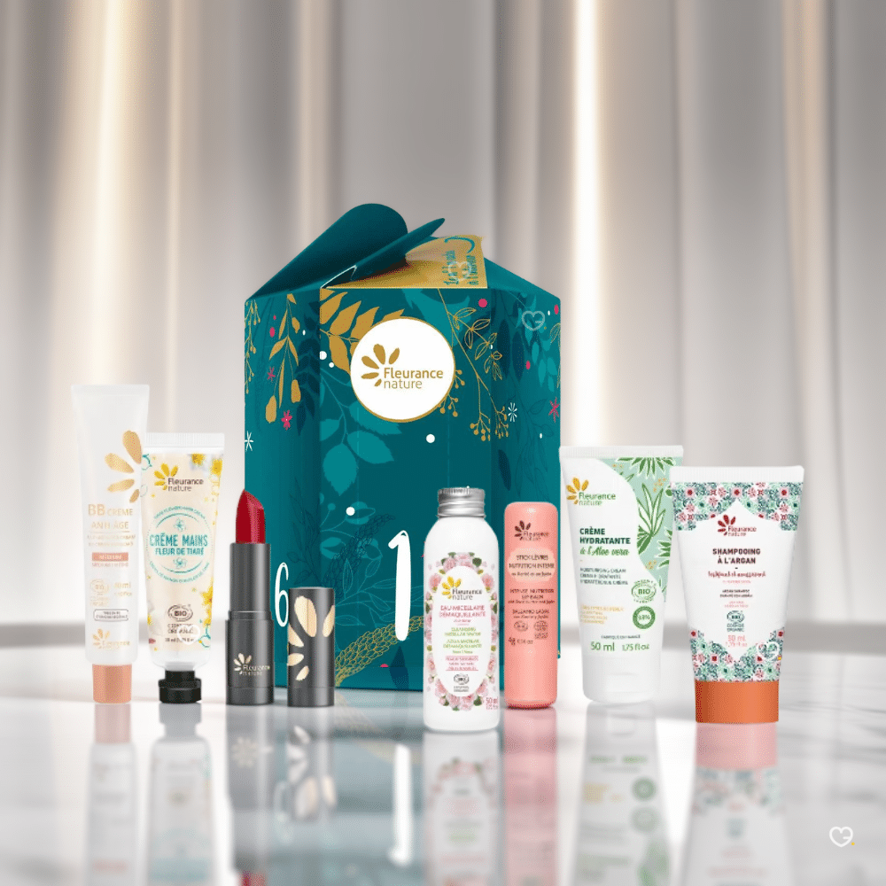 Calendrier de l’Après Fleurance Nature Rêverie végétale avec 7 soins bio visage, lèvres, corps et cheveux pour clore l’année en douceur.