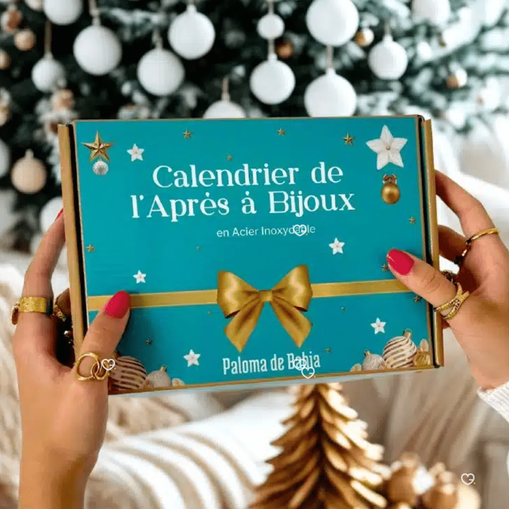 Calendrier de l’Après Paloma de Bahia 2025 contenant 6 bijoux (bracelet, bague, collier, boucles d’oreilles, créoles, bijou surprise) en version dorée ou argentée, idéal pour offrir un style élégant à une femme