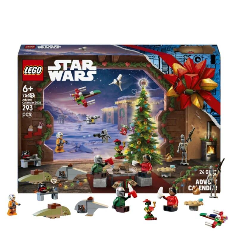 Calendrier de l'Avent LEGO Star Wars 2026 (75456), boite et minifigurines Mando Grogu alignees