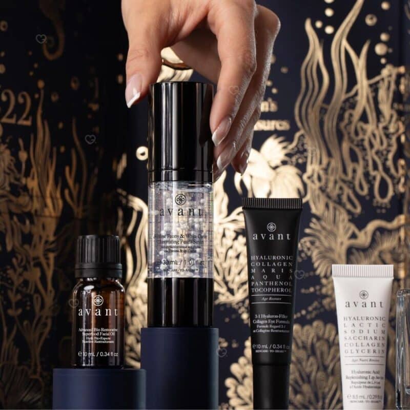 Avant Skincare Odyssey 2026 calendrier de l'avent, gros plan Sérum Perles Caviar Blanc, huile visage et soin contour des yeux