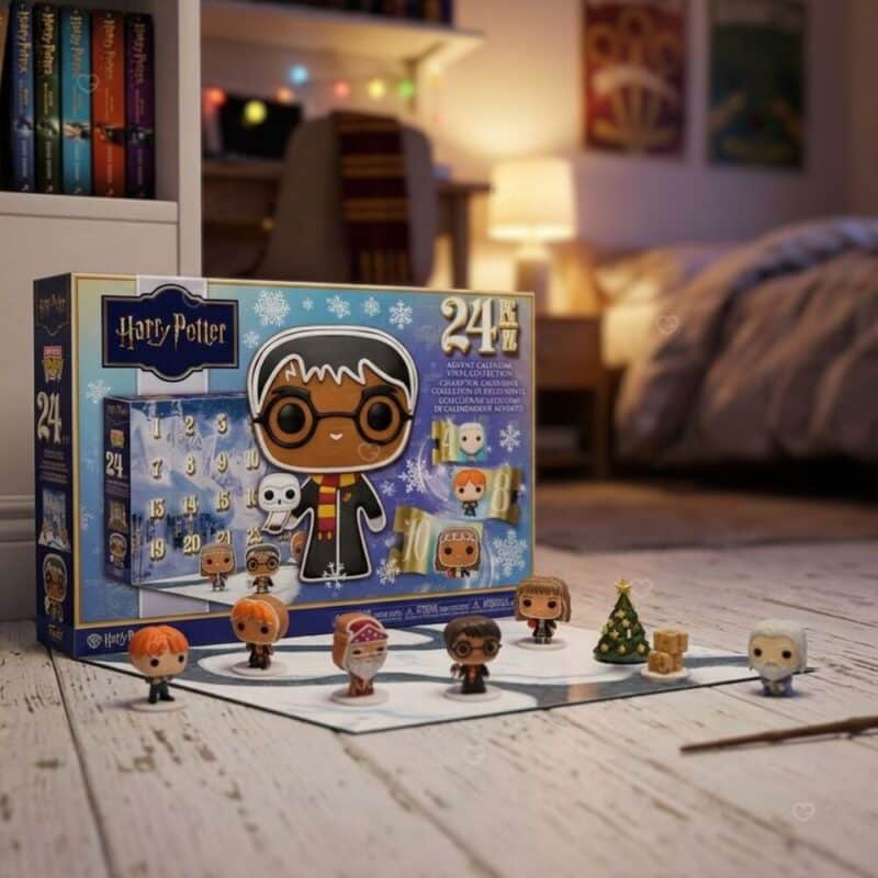 Calendrier de l'Avent Funko Pocket POP Harry Potter 2026 dans une chambre décorée, figurines Poudlard et sapin devant la boîte