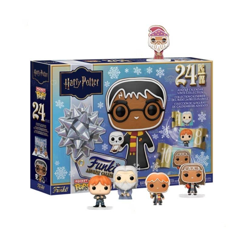 Figurines Funko Pocket POP Harry Potter 2026 devant la boîte : Ron, Dumbledore et Hermione