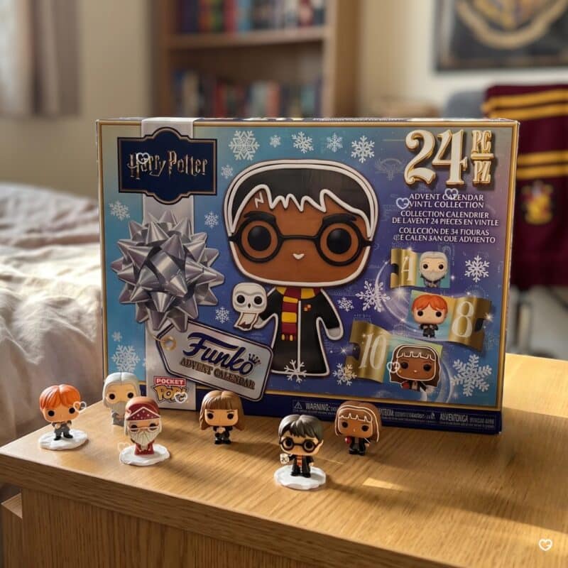 Calendrier de l'Avent Funko Pocket POP Harry Potter 2026 mis en scène dans une chambre, figurines Harry, Ron, Hermione et Dumbledore devant la boîte
