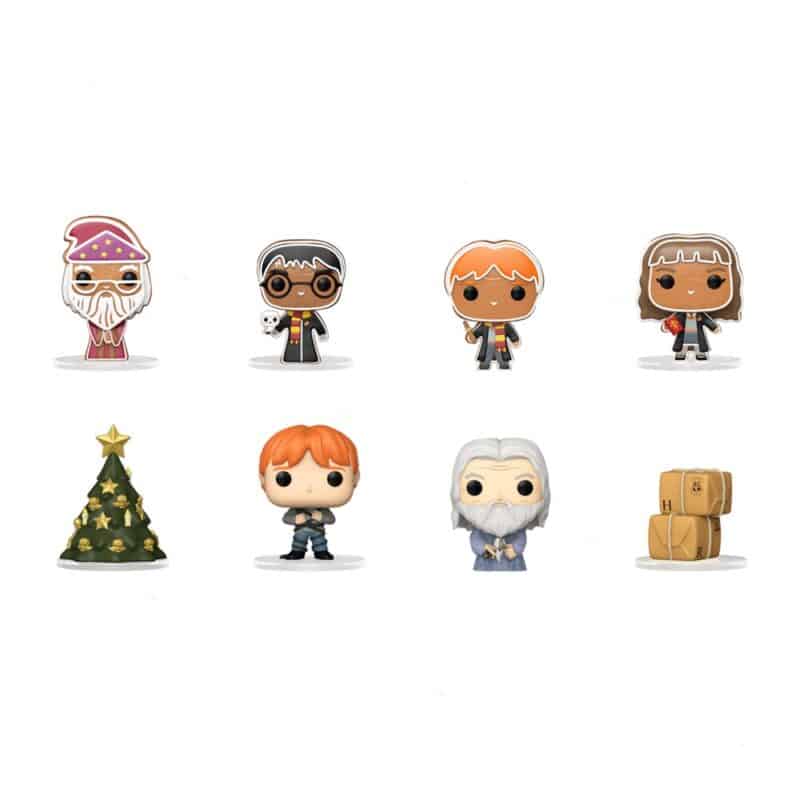 Figurines Pocket POP du calendrier Funko Harry Potter 2026 : Harry, Ron, Hermione, Dumbledore, sapin et cadeau