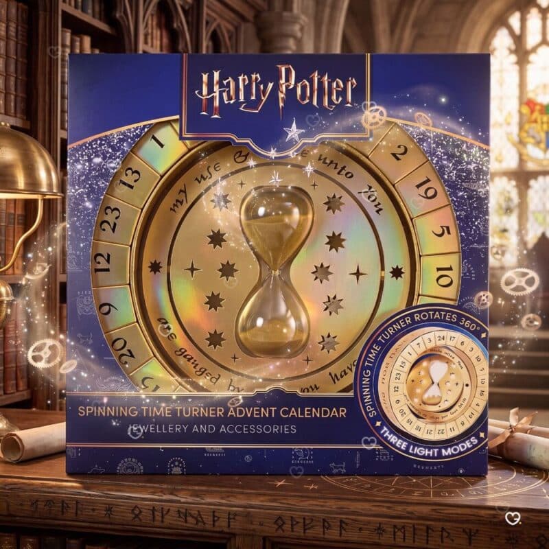 Boîte officielle du Calendrier de l'Avent Harry Potter Spinning Time Turner 2026 The Carat Shop, fond bleu Warner Bros.