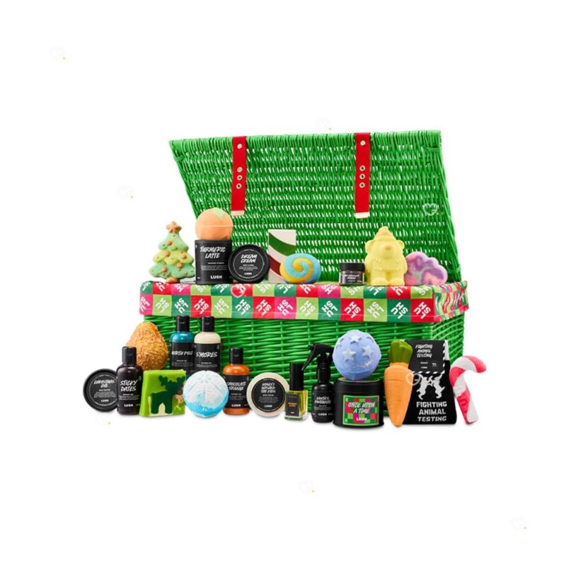 Contenu complet du calendrier de l'Avent Lush 2026 : les 25 produits beauté et bain étalés à plat
