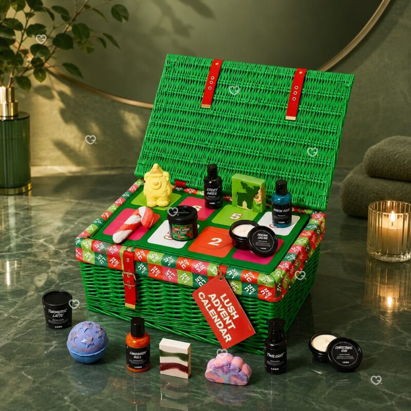 Plateau coulissant du calendrier de l'Avent Lush 2026 ouvert, produits beauté vegan en situation