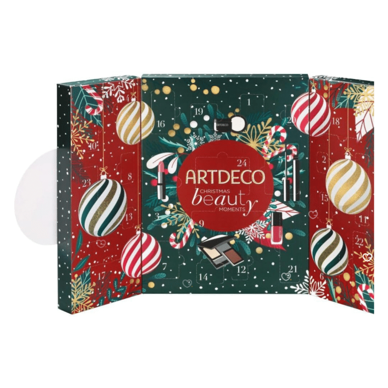 Calendrier de l'Avent Artdeco 2026 ouvert presentant la selection maquillage yeux et levres.