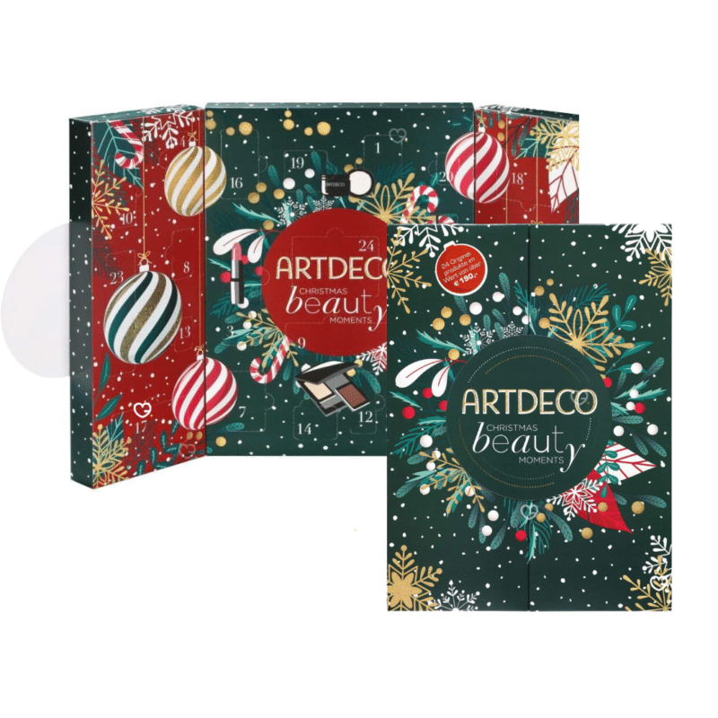 Calendrier de l'Avent Artdeco 2026 vu de face et de profil, packaging vert et rouge de Noel.