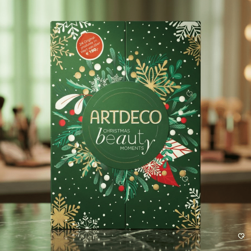 Coffret calendrier de l'Avent Artdeco 2026 en mise en scene festive, focus maquillage yeux.