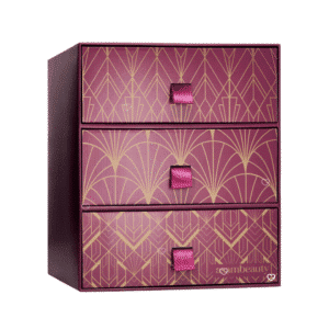 Coffret fermé du calendrier de l'Avent AsamBeauty Premium 2026, boîte violet et or à motif art déco et trois tiroirs