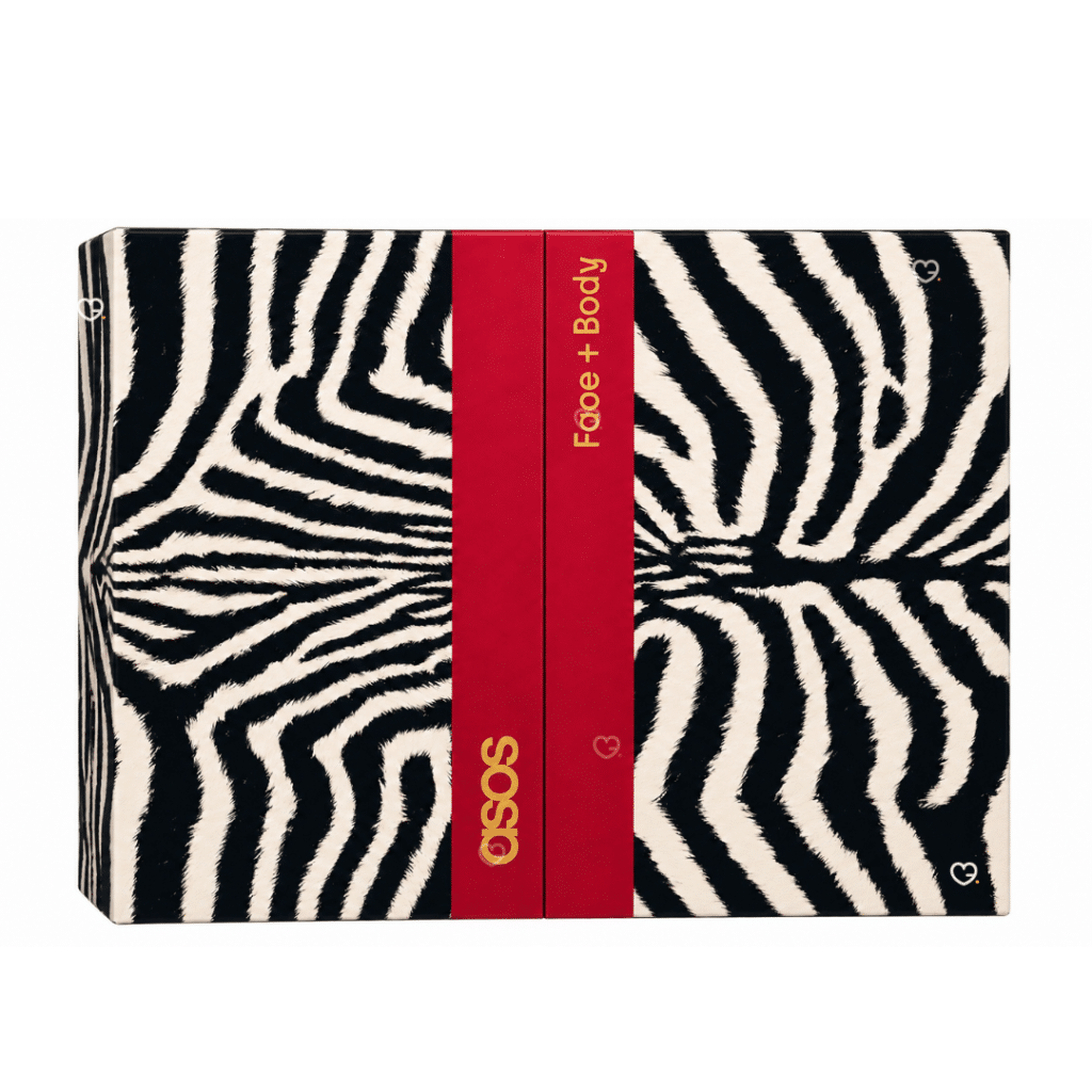Calendrier de l'Avent ASOS Face + Body 2026, coffret fermé à imprimé zébré