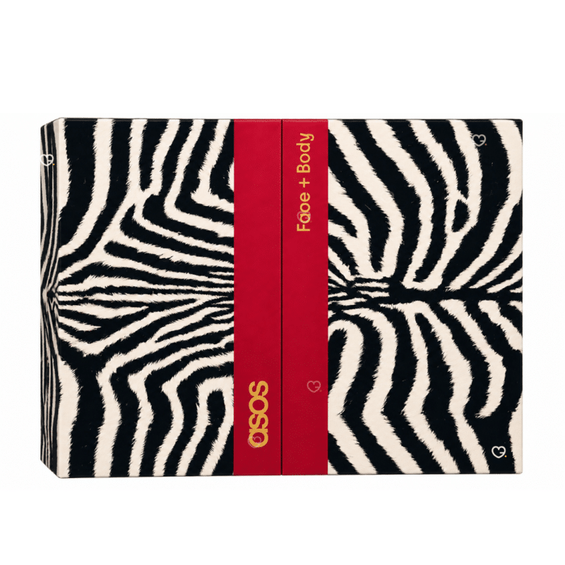 Calendrier de l'Avent ASOS Face + Body 2026, coffret fermé à imprimé zébré