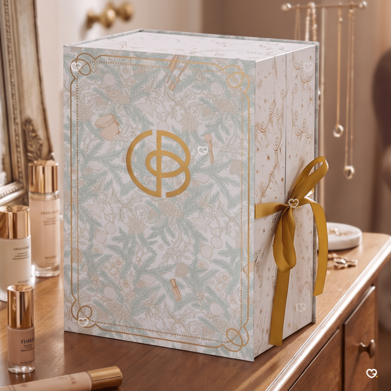 Calendrier de l'Avent Cult Beauty 2026 ouvert sur une coiffeuse, coffret beauté de luxe avec parfums et bijoux dorés