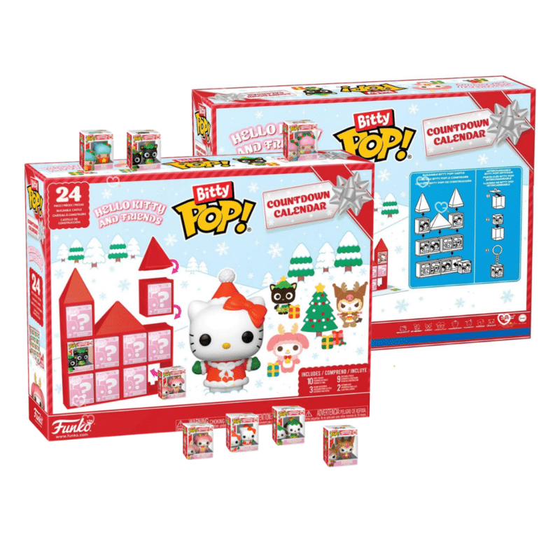 Boîte recto verso et figurines du calendrier Funko Bitty POP Hello Kitty 2026