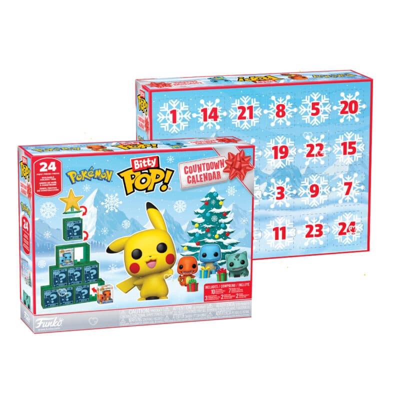 Boîte recto et verso du calendrier de l'Avent Funko Bitty POP! Pokémon 2026, cases numérotées