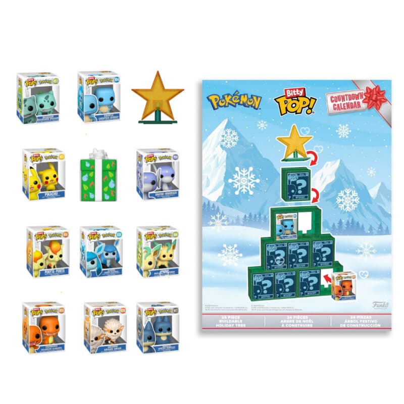 Contenu du calendrier de l'Avent Funko Bitty POP! Pokémon 2026 : 10 figurines et arbre de Noël à construire