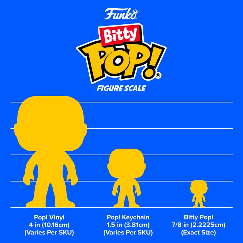 Comparaison de taille des figurines Funko Bitty POP! de 2,3 cm, Pocket POP! et POP! classique