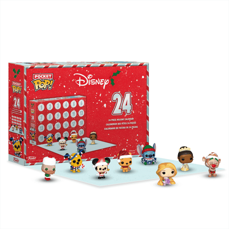 Boîte du calendrier Funko Pocket POP Disney 2026 avec les figurines Pocket POP Disney à côté