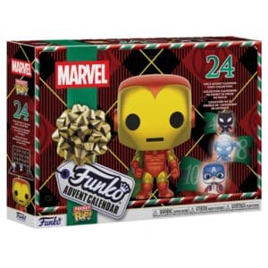 Calendrier de l'Avent Funko Pocket POP Marvel 2026, boîte fermée avec Iron Man et 24 cases de Noël