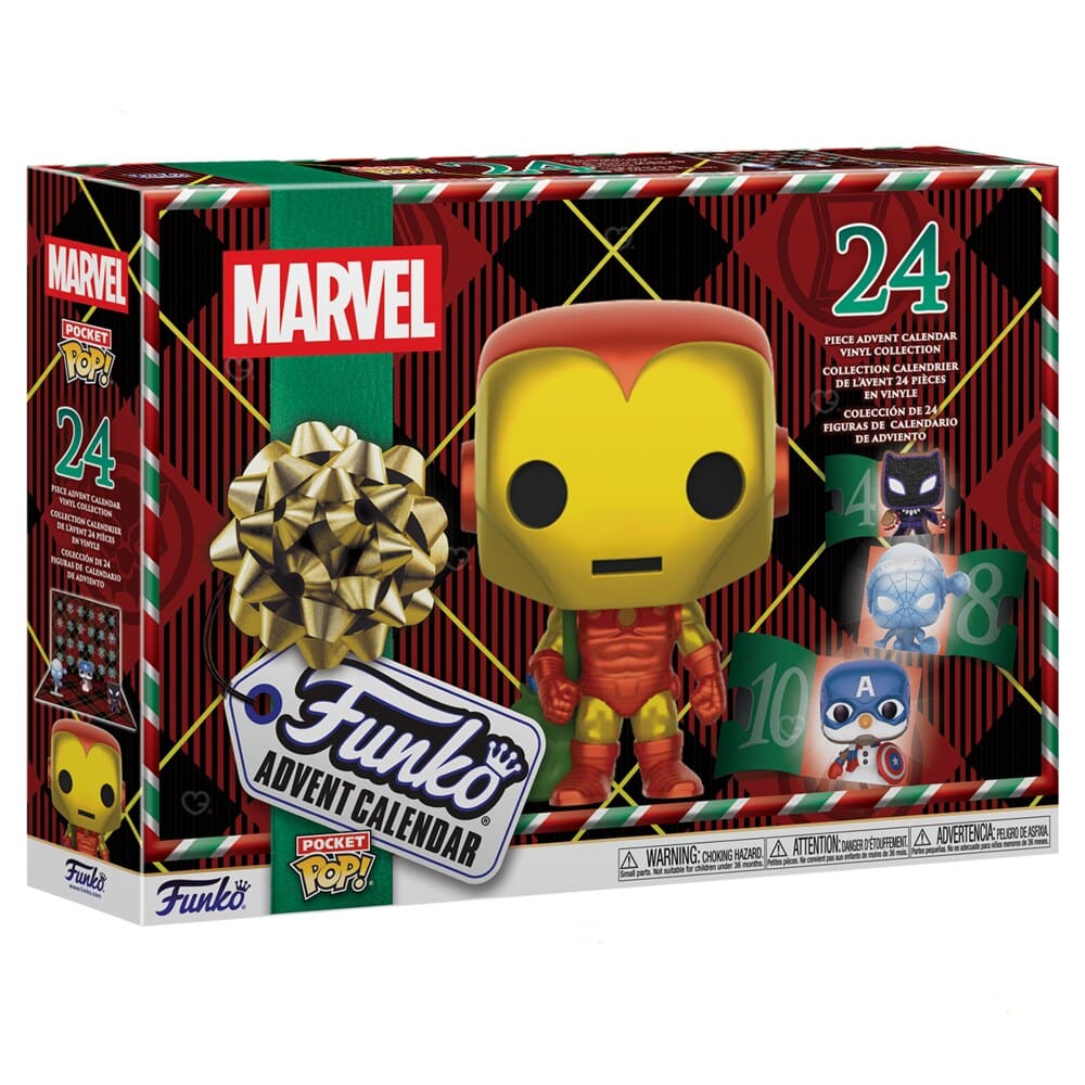 Calendrier de l'Avent Funko Pocket POP Marvel 2026, boîte fermée avec Iron Man et 24 cases de Noël