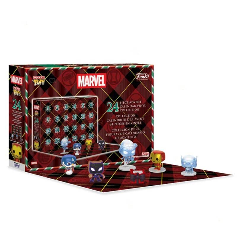 Calendrier de l'Avent Funko Pocket POP Marvel 2026 ouvert, figurines devant le décor de compte à rebours
