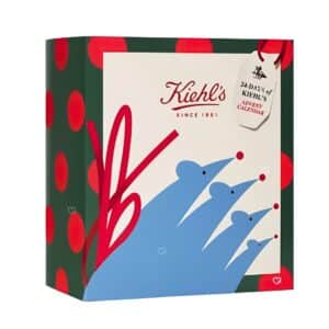 Calendrier de l'Avent Kiehl's 2026 fermé, coffret vert festif à pois rouges, 24 soins en édition limitée.