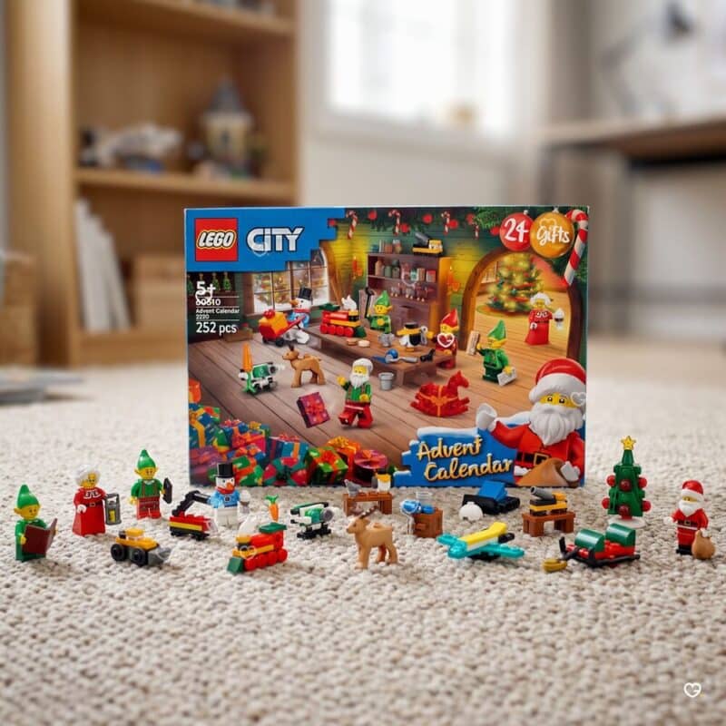 Calendrier de l'Avent LEGO City 2026 (60510), la boîte et les 24 surprises assemblées : personnages, véhicules et accessoires